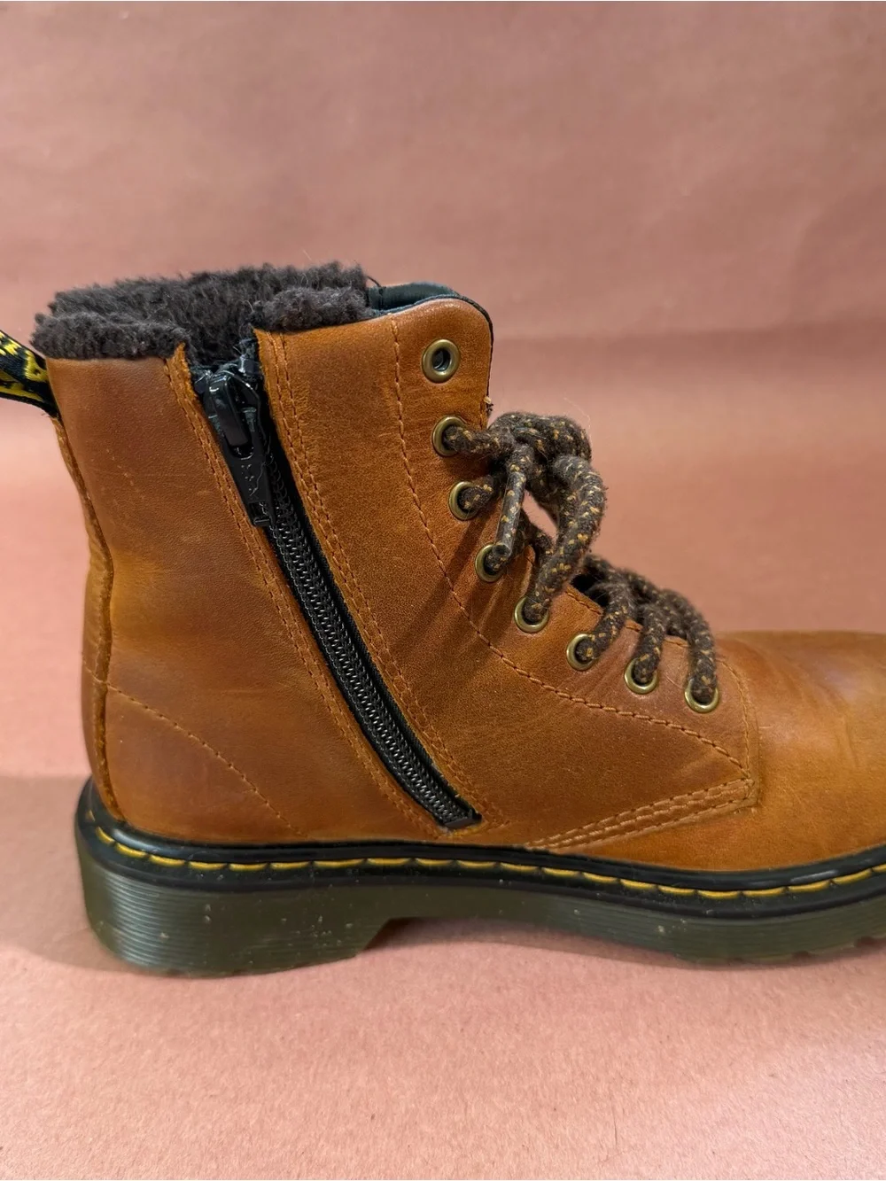 Dr. Martens 1460 Serena Brown Leather Lace-Up Faux Fur-Lined Boots Kids Size 1
